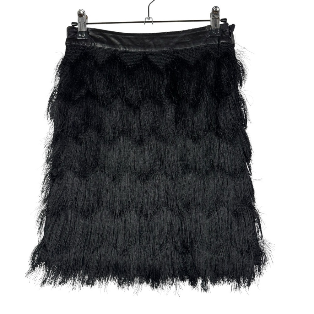 JOA Black Layered Fringe‎ Leather Waistband Flapper Mini Skirt XS
